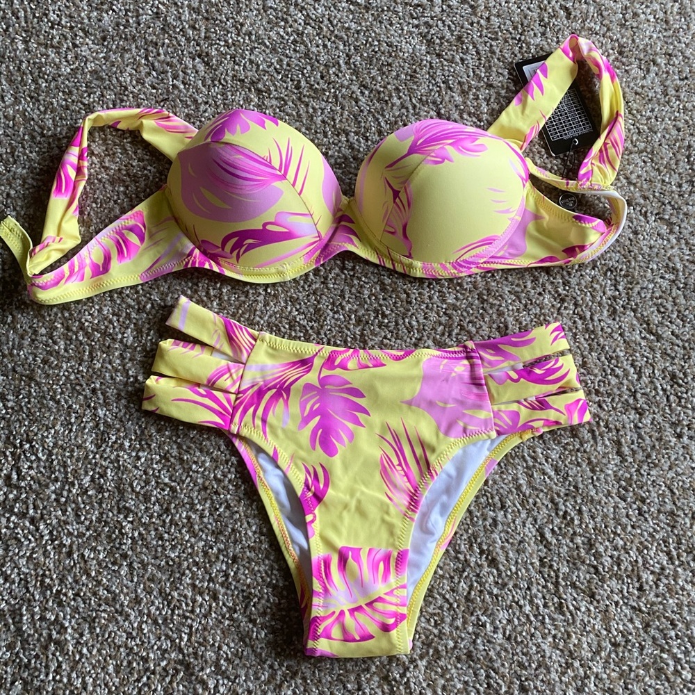 Yellow Hawaiian two-piece swimsuit